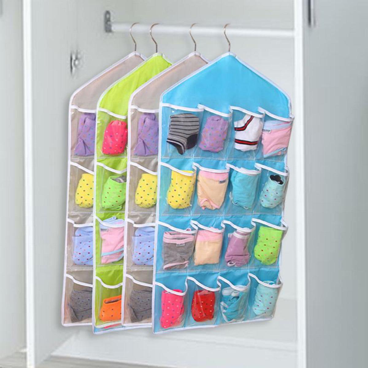 Universal Cupboard Hanging Storage Organizer Transparent Wall Hanging Bag for Socks, Jewelry, Ties, Underwear, Sunglasses, Bra, Stationary, Stitching Tools - Closet Storage Tidy Organizer 16 Pockets (Multicolor)