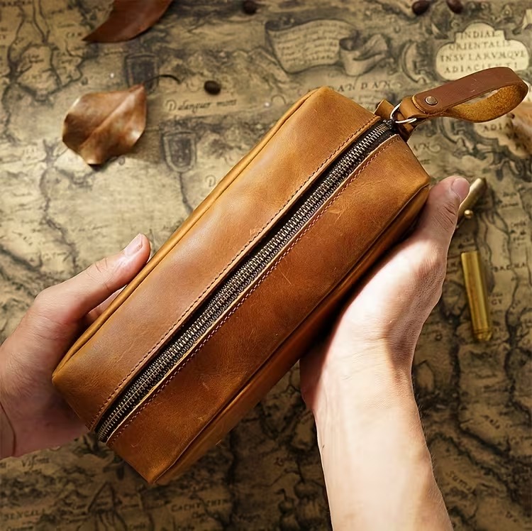 Men'S Genuine Handmade Vintage Crazy Full Grain, Top Layer Cowhide Pencil Case & Storage Bag, Multifunctional Daily Carry Accessory, Top Layer Cowhide Inner Bag for Lipstick Storage, Multifunctional Toiletry And Makeup Bag