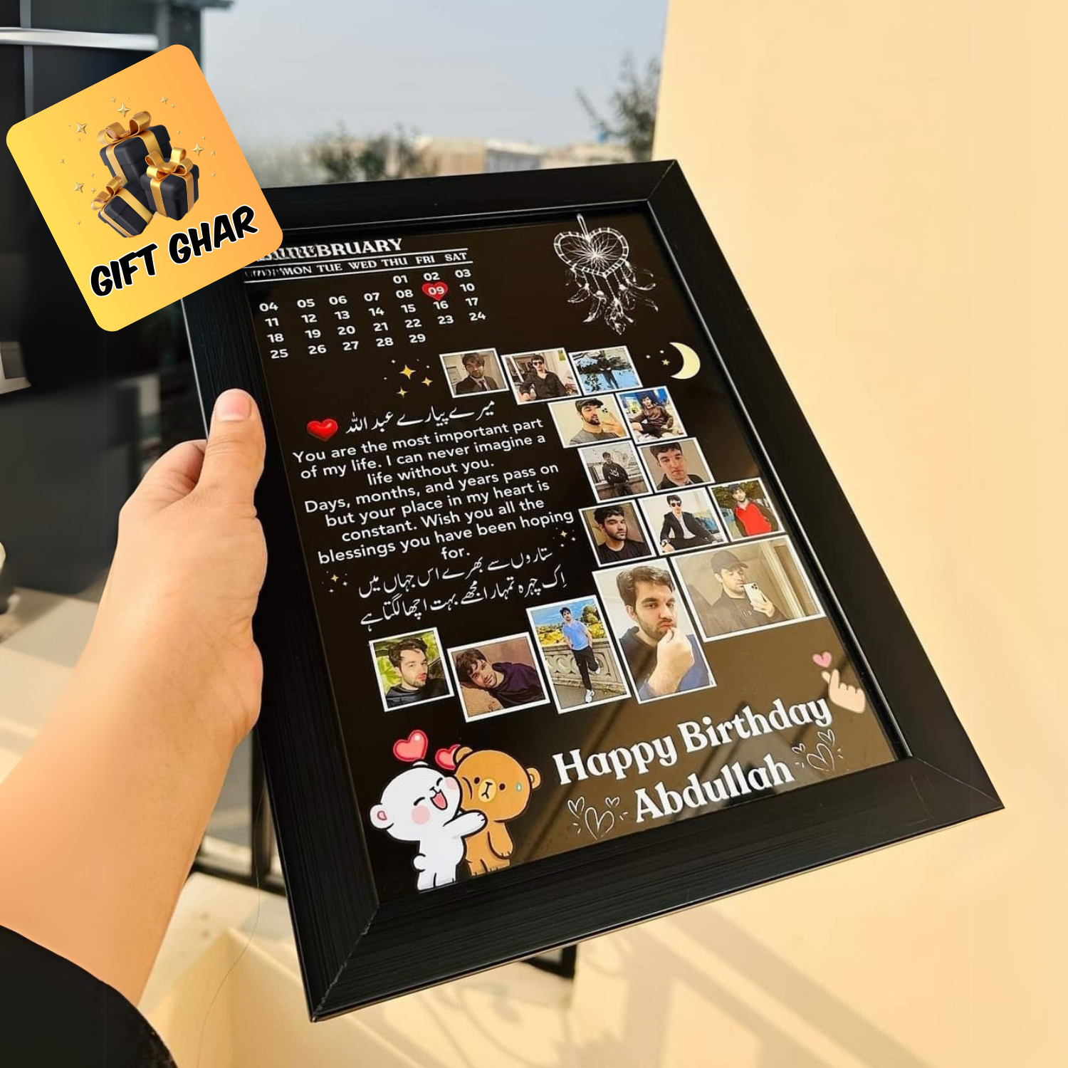Customized Moon Shape Photo Frame for Wall Display Holds 16 Pictures Personalized Gift in 7x9 and 10x14 Sizes Black MDF