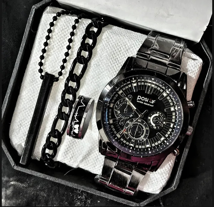 Pack of 4 Watch Set for Men Stainless Steel Quartz Watch with Bracelet Ring and Locket Business and Casual Style Multiple Colors