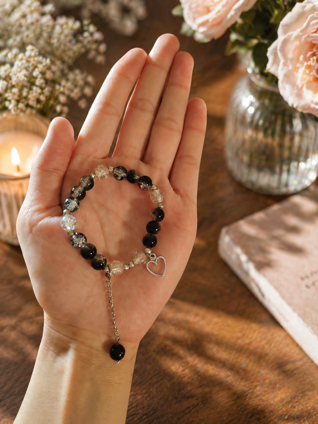 Elegant Black & Crystal Beaded Bracelet with Heart Charm – Adjustable Handmade Jewelry for Women