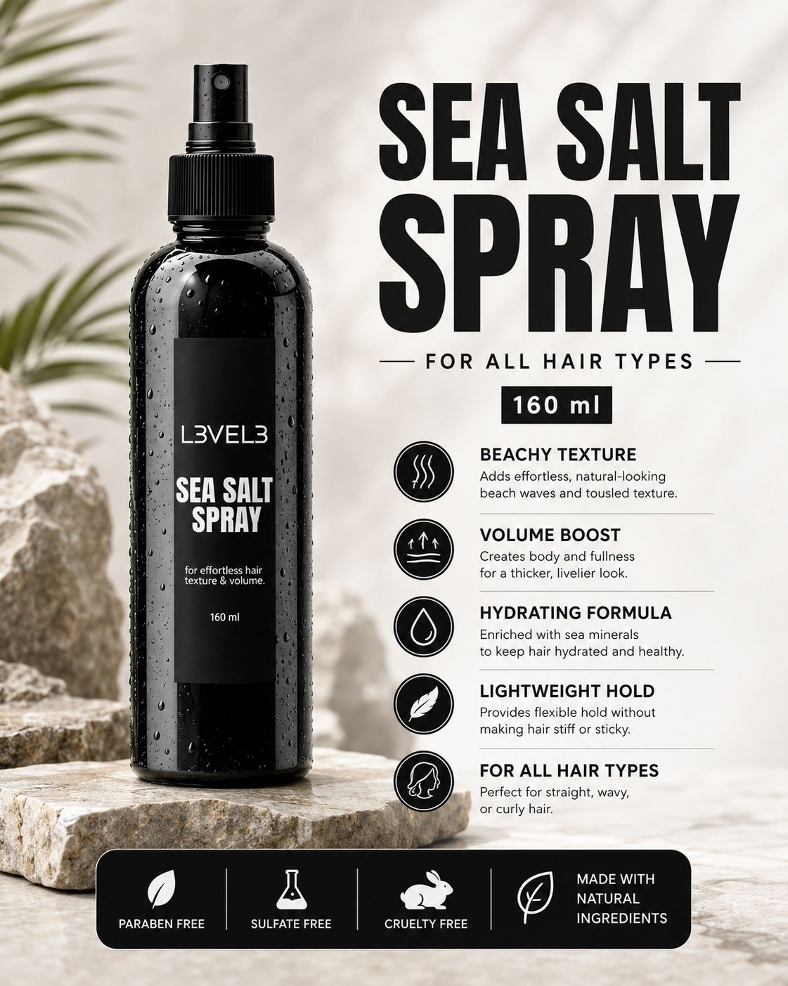 Sea Salt Spray by L3VEL3 160ml ,  250ml for Effortless Hair Texture and Volume Hair Styling Spray
