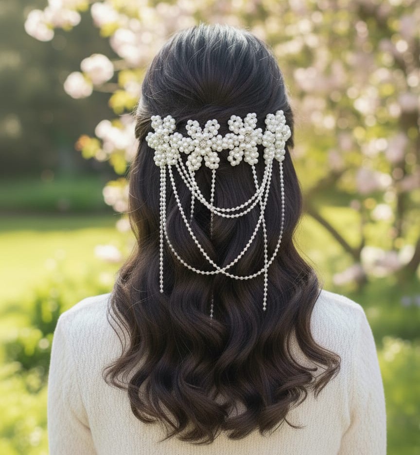 Bridal New Hair Accessories Handmade Pearl Headgear Tassel Comb Wave Headband Wreath Wedding Hair Comb Accessories