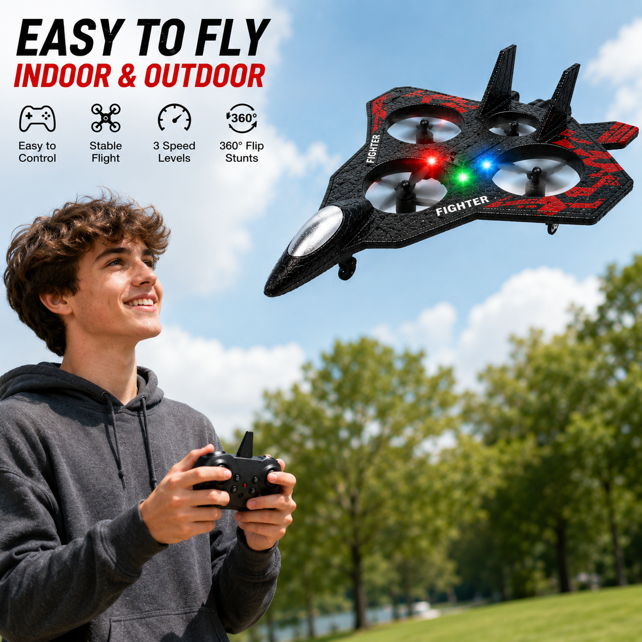 Remote Control Fighter plane RC Flying Jet 2.4GHz | Thunder Charge VTOL Fighter Aircraft | Vertical Take-Off & Landing | RC plane 360° Flips| LED Lights | Rechargeable | 50M Range | 4 Motors | 3 Speed Levels