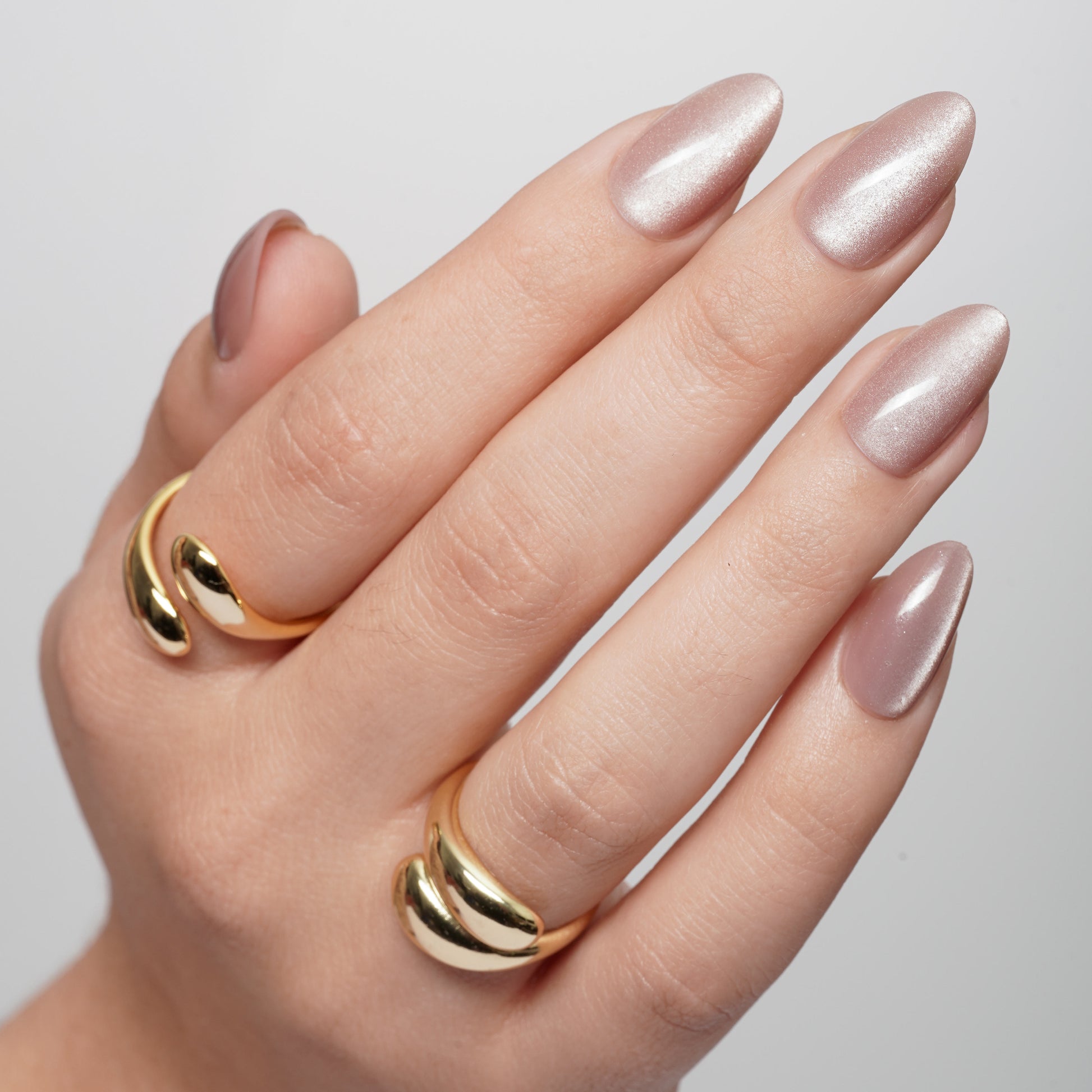 Nude Almond Cat Eye Press-On Nails – Medium Length, Glossy Solid Colors