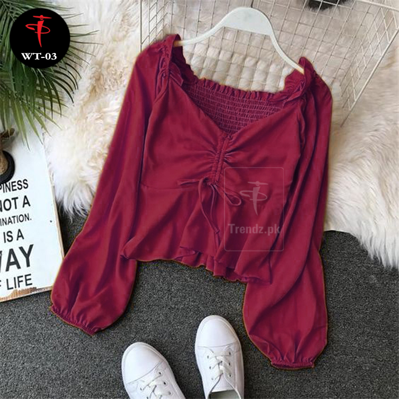 TRENDZ.PK Drawstring Western Style Top For Women/Girls Solid Slim Shirts Ruffles Grace Fashion WT-03