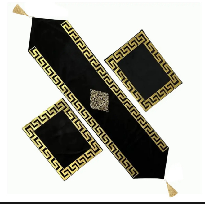 3Pc Luxury Velvet Laser Cut Tablemat Set For Dressing Dinning Side Table