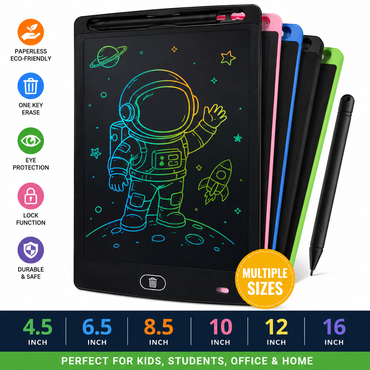 Colorful 10-inch LCD Drawing Tablet for Kids - Educational Drawing Pad with Stylus, Protective Screen & Key Lock, Ideal Travel Companion for Children 3-8 Years