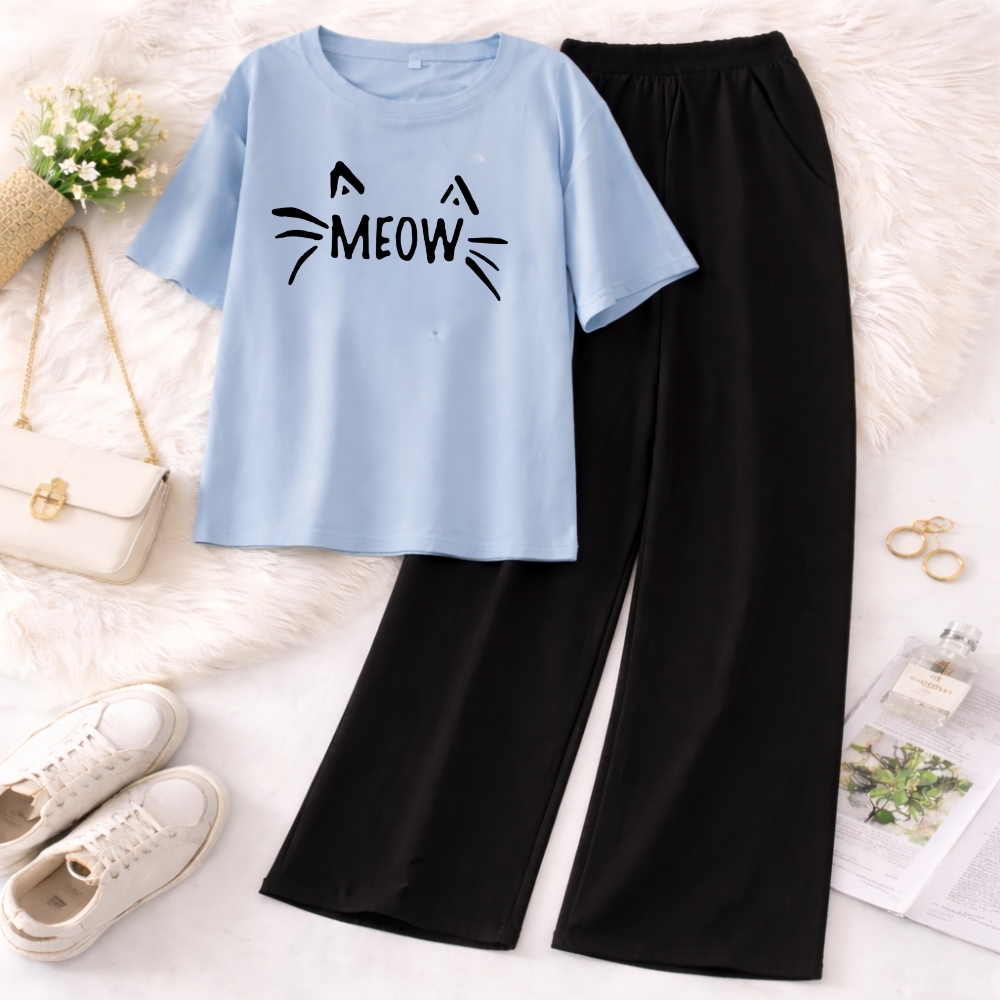 ZRK Garments -  2 Piece Set For Women Meow Printed Half Sleeves T Shirt with Trouser Soft Jersey Fabric Casual Daily Wear For Girls and Kids