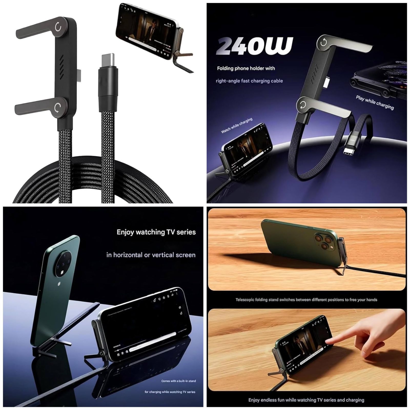 2-in-1 Invisible Holder Charger Cable – 240W Fast Charging with Built-in Phone Stand
