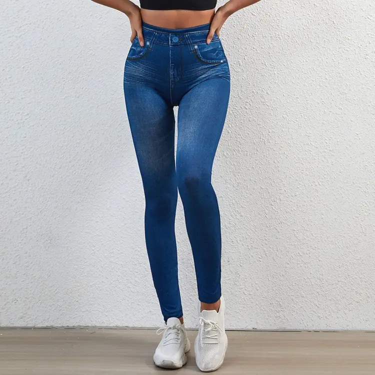 Women Faux Denim Leggings Skinny Jeans High Waist Tummy Control