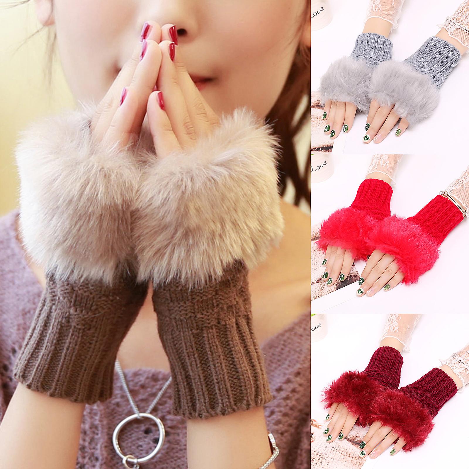 Fashion Women Faux Rabbit Fur Hand Wrist Warmer Winter Fingerless Knitted Gloves