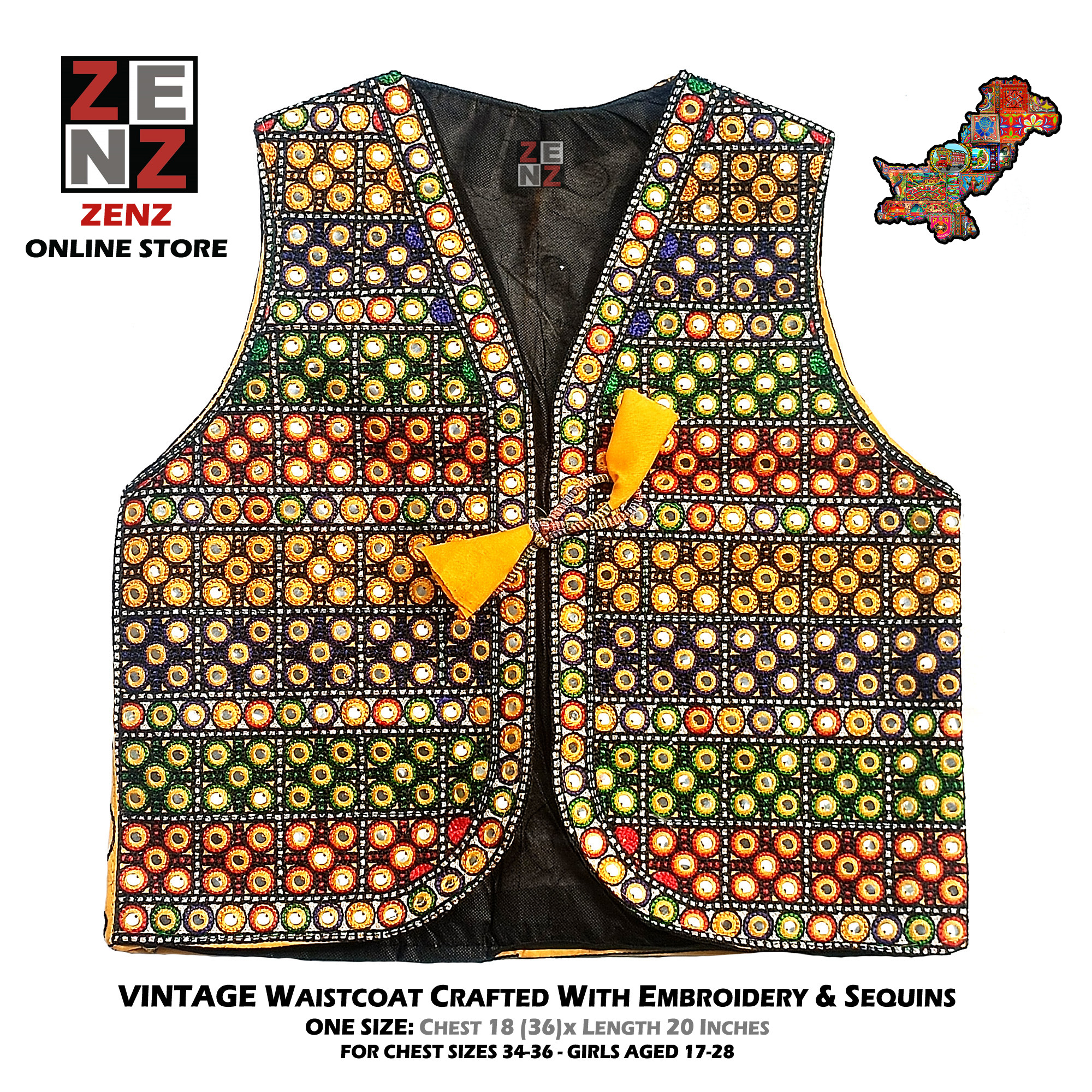 Pakistani Sindhi Balochi Pathan Kashmiri Traditional & Cultural Wear Waistcoat Koti Aari Embroidered Multicolor by ZENZ