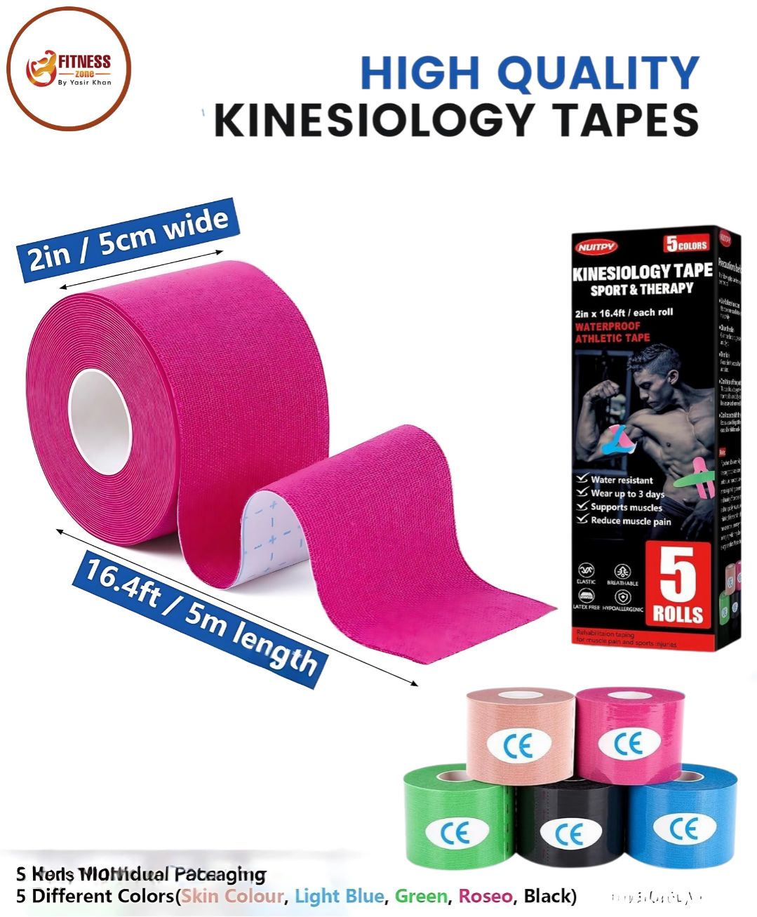 Kinesiology Tape Roll (5cm x 5m) – Waterproof Elastic Sports Tape for Gym, Running & Cricket | Breathable Cotton Muscle & Joint Support Tape for Men & Women