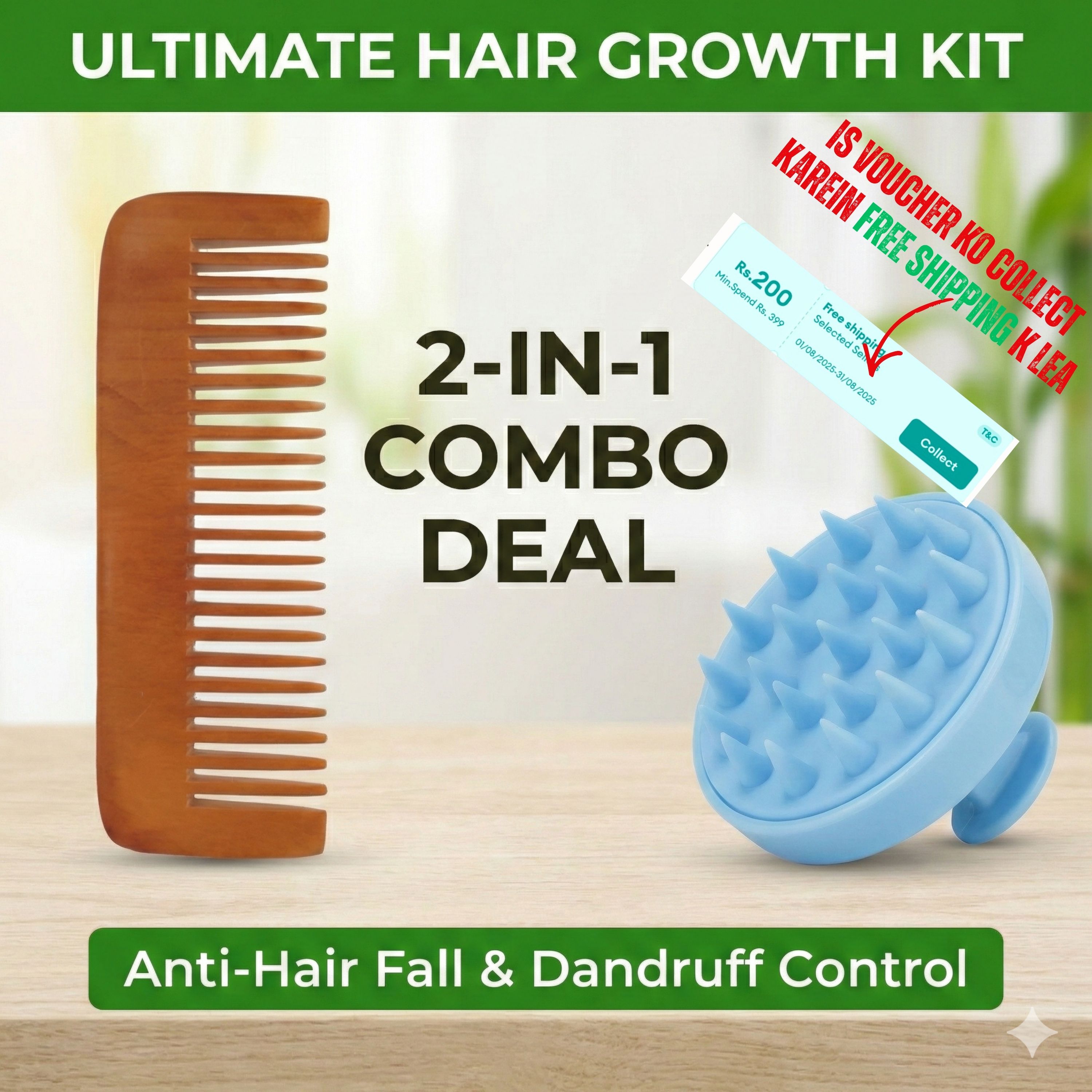 2-in-1 Hair Growth Kit: Natural Wooden Comb & Silicone Scalp Massager - Anti-Static Detangler & Anti-Dandruff Shampoo Brush for Hair Fall Control