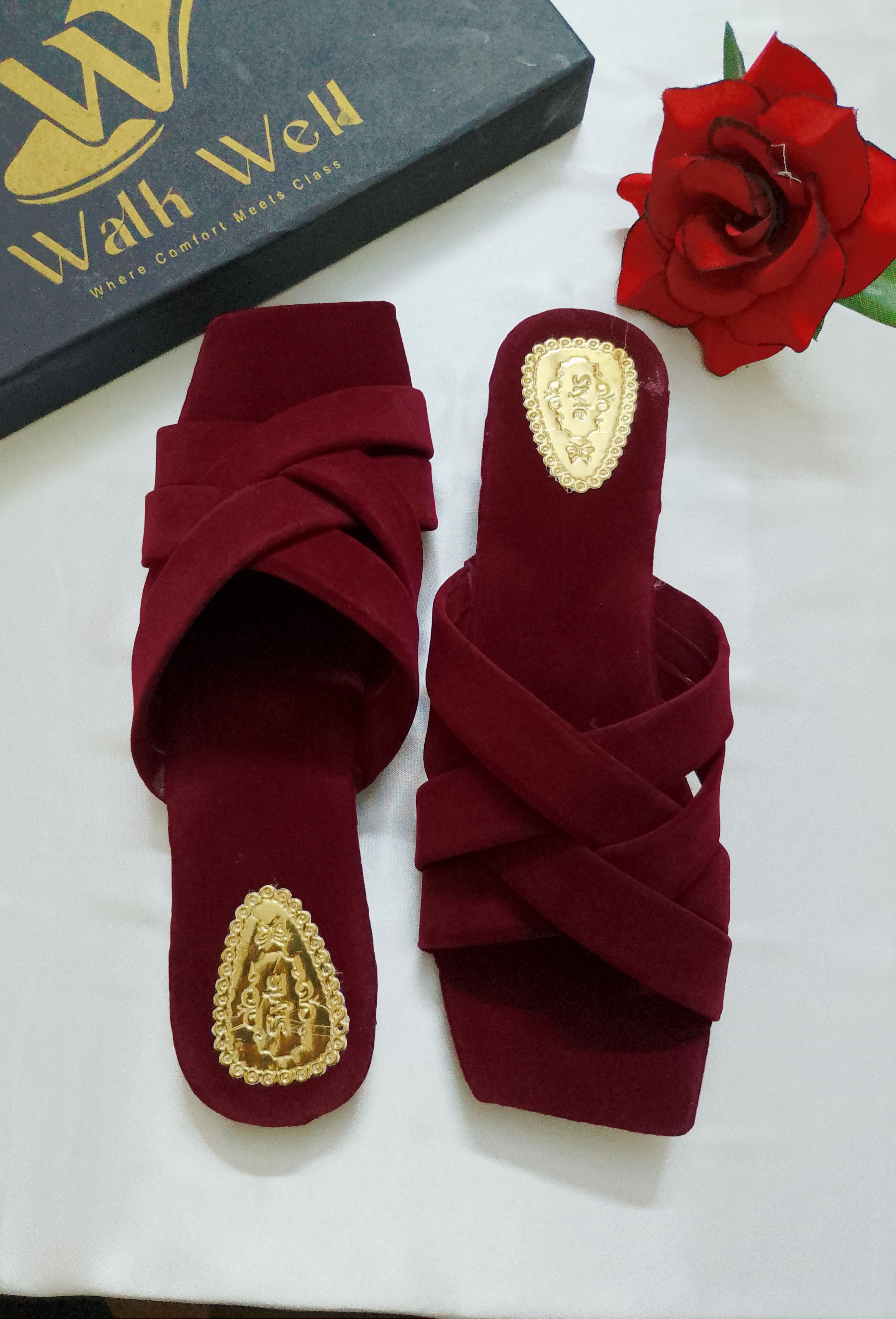 Ladies Maroon Velvet Slippers for Women Fancy Cross Strap Flat Sandals
