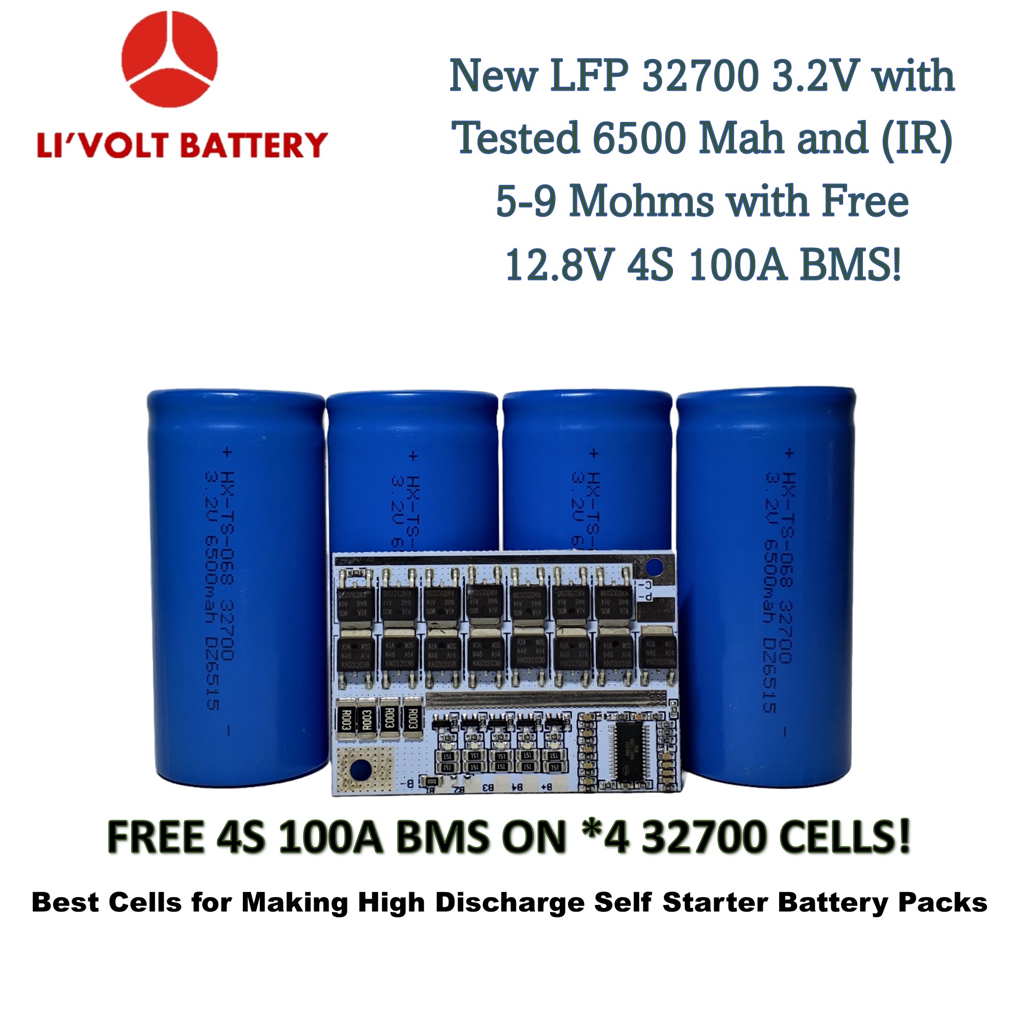 lithium phosphate cell 3.2v cell 32700 6500mah LiFe-Po4 32650/32700 3.2v 6500 mah lithium phosphate cells and 100amp BMS for high capacity lithium battery pack price in Pakistan
