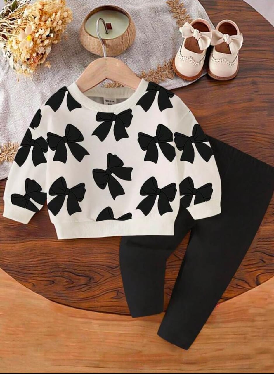 White Bow Printed  Fleece Winter Kids Tracksuit For Girls