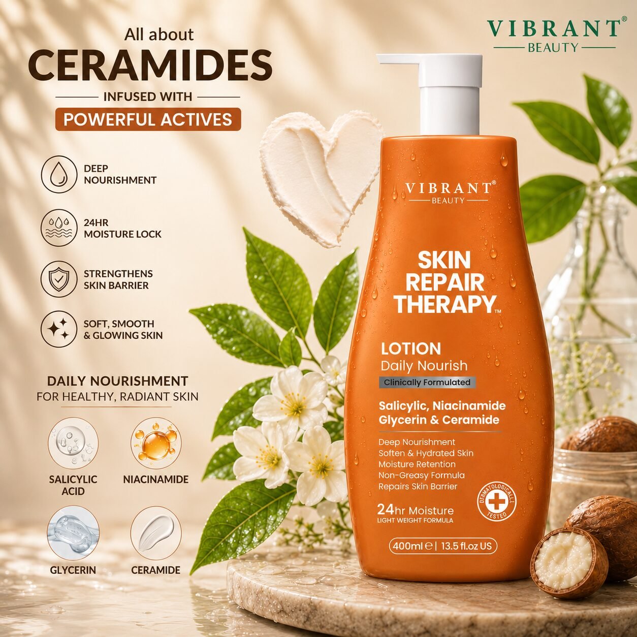 Vibrant Beauty Skin Repair Therapy Daily Nourish Lotion | Moisturising Skin Care | 400ml