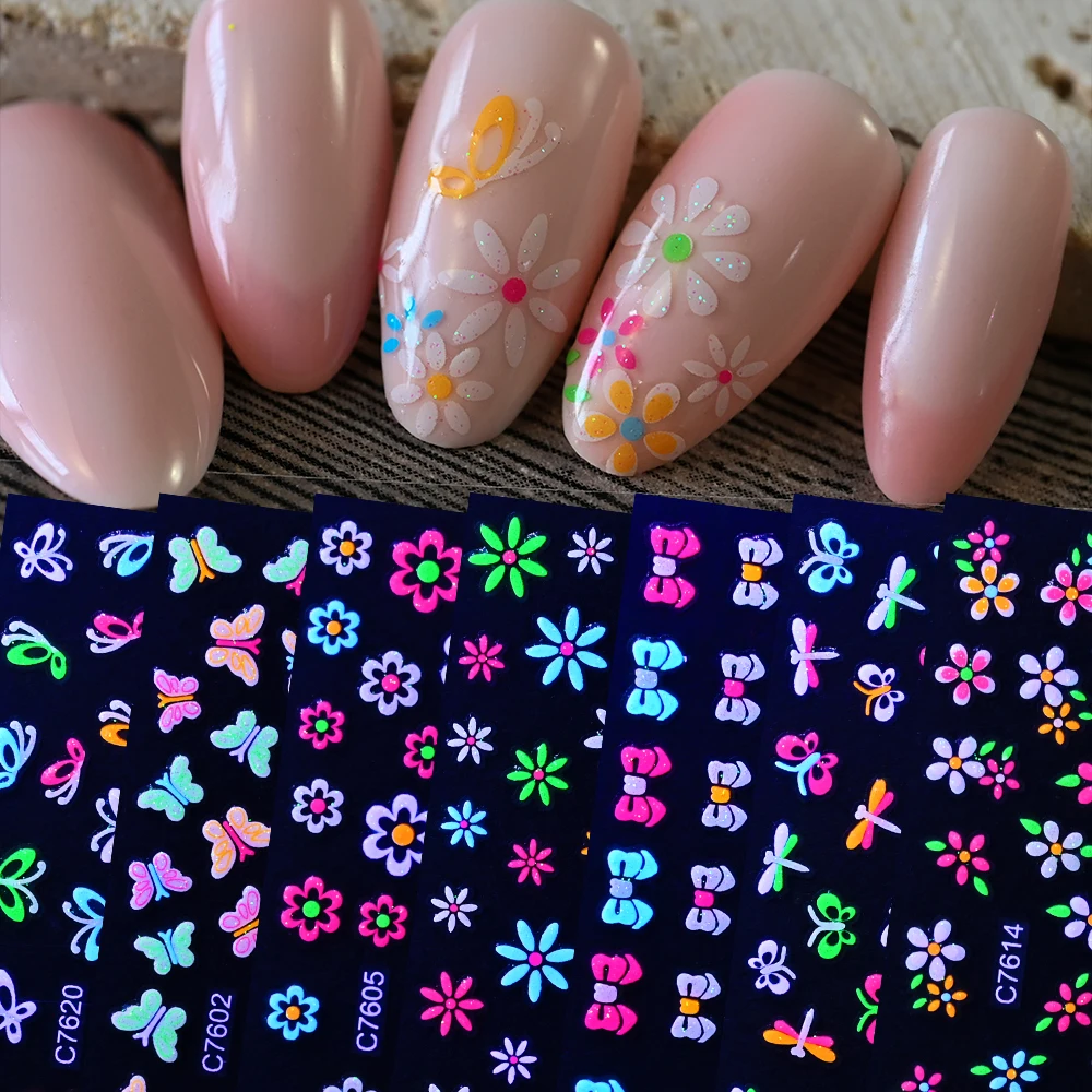5 Glow-in-the-Dark 3D Nail Stickers | Self-Adhesive Neon Nail Art Decals | Butterfly, Heart, Flower | Shiny, Long-Lasting