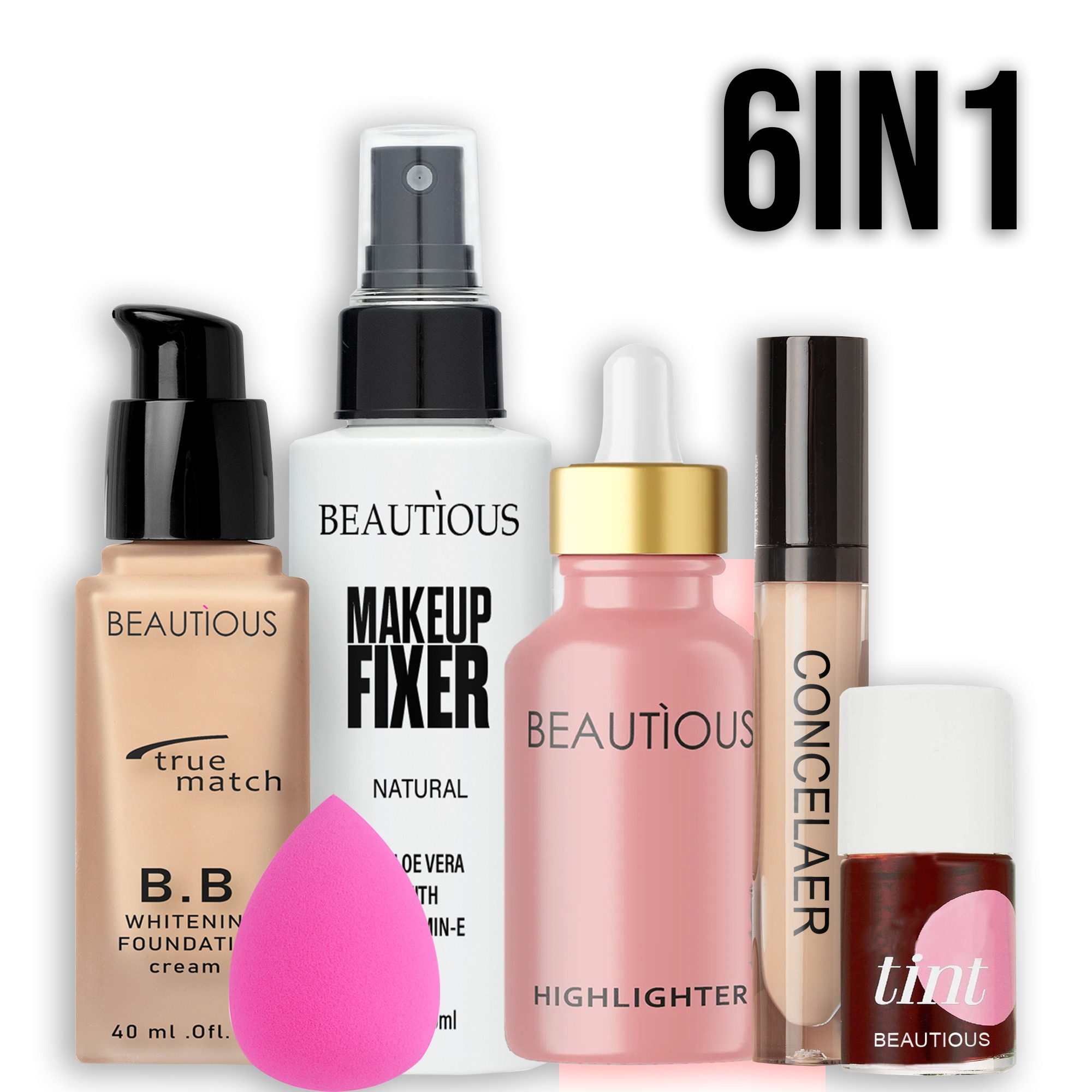 Beautious 6 in 1 - Deal Of Foundation + Concealer + Fixer + Lip Tint + Highlighter + Beauty Blender