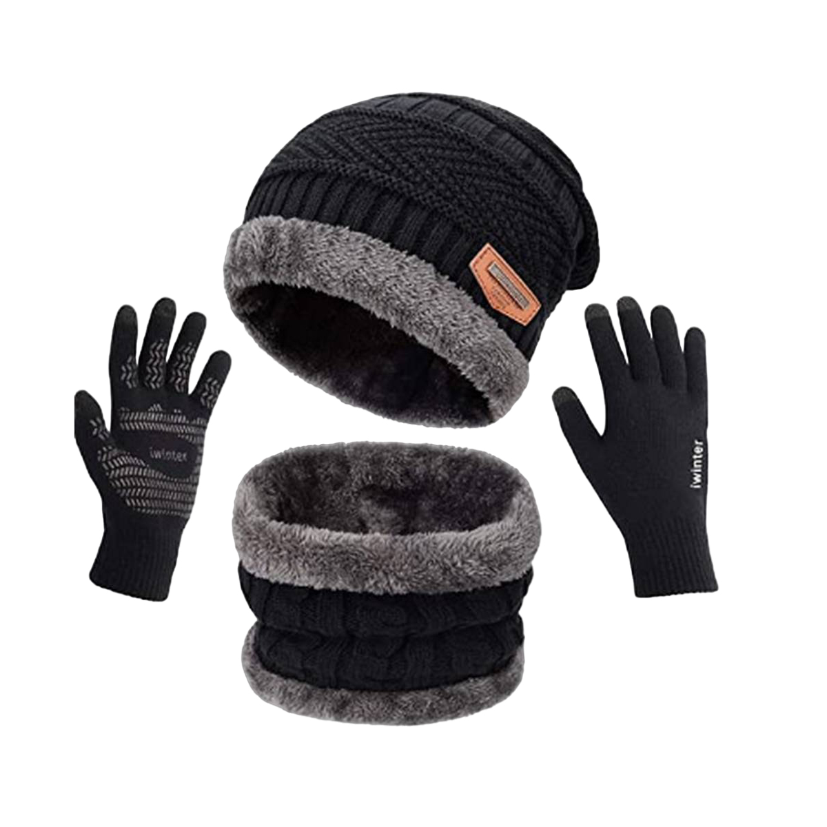 3 Pcs Premium Winter Knitted Black Color Beanie Cap Neck Warmer & Touch Screen Gloves Set | 3 Pc Beanies Knit Hat Winter Cap Neck Warmer & Gloves knitted Cap Thicken Hedging Cap Neck Warmer Gloves Balaclava Skullies Fashion Warm knit Beanie for Men/Women