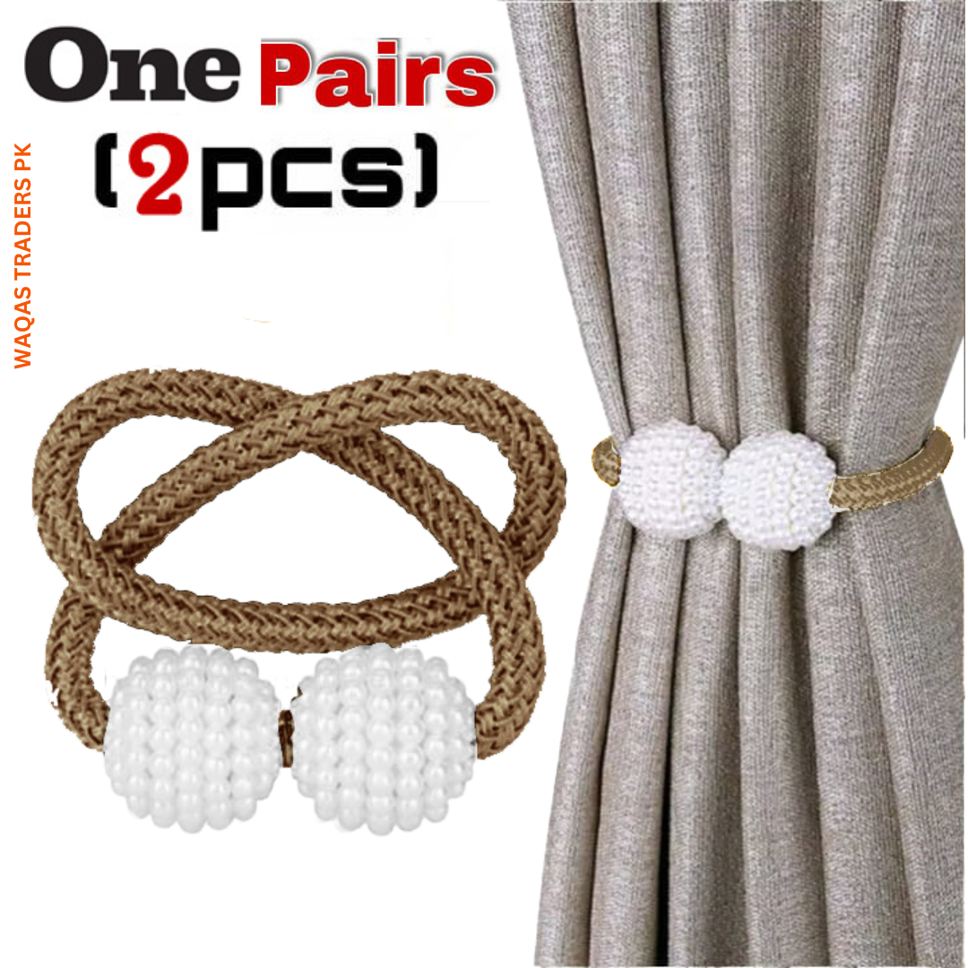 2 PCS Magnetic Pearl Curtain Buckle Magnetic Curtain Tiebacks Convenient Drape Tie European Style Decorative Weave Rope Curtain Rings & Buckles Holder for Window Sheer Blackout Draperies, Braided Straps Ball Buckles,  Parday