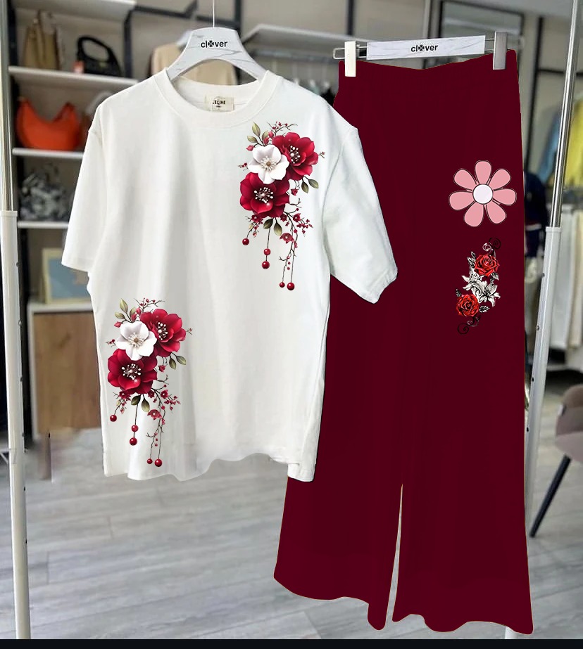 Women Floral Printed T Shirt with Wide Leg Trouser Two Piece Suit | Ladies Casual Co Ord Set | Ladies Floral Print Top and Palazzo Pants Set | Women Stylish Two Piece Outfit | Women Printed T Shirt and Trouser Matching Set | Comfortable Casual Wear Dress