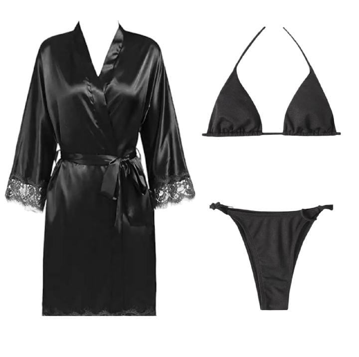 Women 3 Piece Sexy Nighty Sleepwear Silk Satin night dress Lingerie Set With Robe and Short Gown Bridal for Ladies and Girls for Night Wear Bra-Black