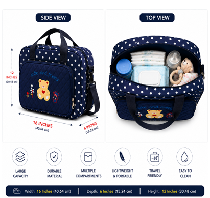 Diaper Bag for Moms & Dads | Premium Quilted Teddy Bear Embroidered Baby Travel Tote | Multi-Functional Nappy Organizer with Bottle Pockets & Storage Compartments