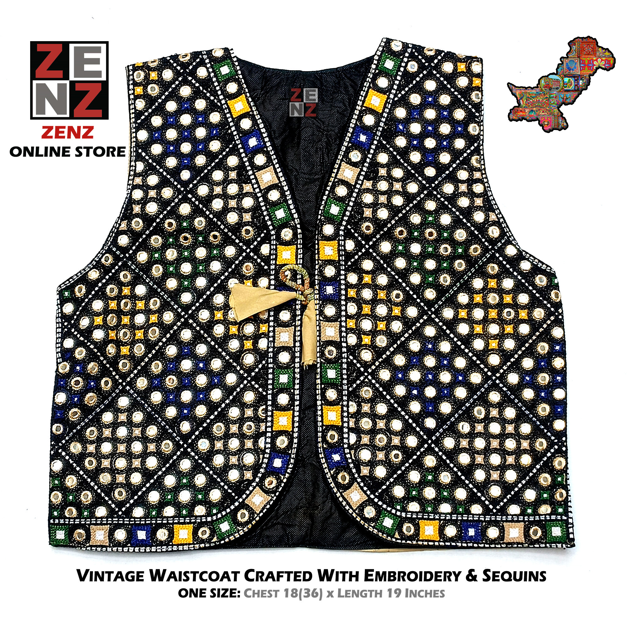 Pakistani Sindhi Balochi Pathan Kashmiri Traditional & Cultural Wear Waistcoat Koti Aari Embroidered Multicolor by ZENZ