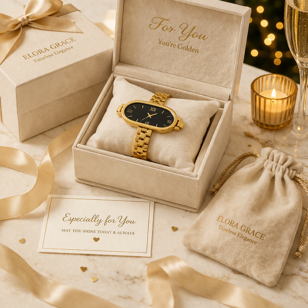 Elegant Gold Watch Bracelet for Women – Minimal Oval Dial, Adjustable Fit