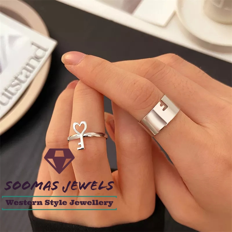 Lock and Key Couple Rings Size Adjustable