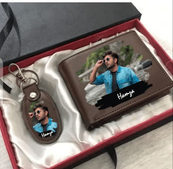 Customized Photo & Name Printed Men's Wallet & Keychain Gift Box Set - Personalized Picture Engraved Wallet Combo Gift for Husband, Boyfriend, Brother