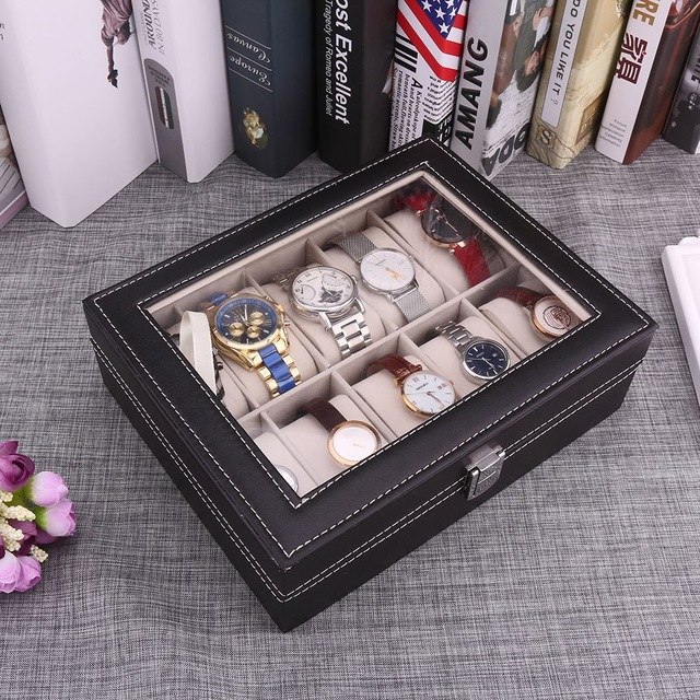 Watch Box Organizer for Men PU Leather Storage Case Classic and Luxury Style Black/Brown 6/8/10/12 Grid