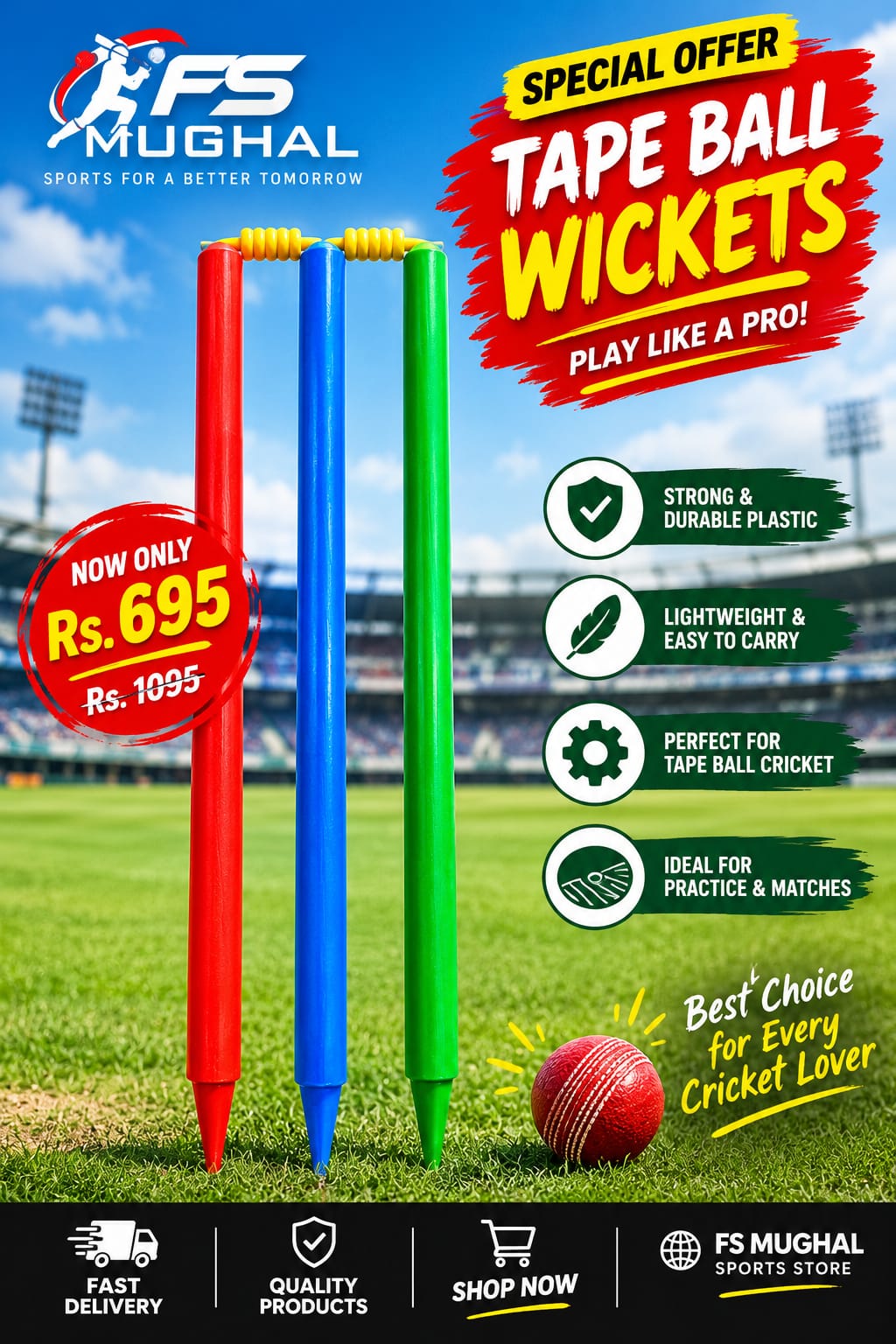 Multi Color Wooden Cricket Wickets with Bails Set of 3 wicket