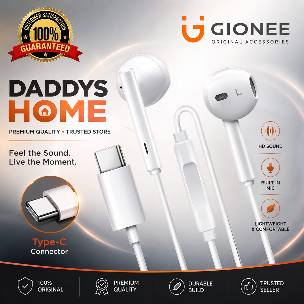 100% Original Gionee Type C Handsfree | In-Ear Type C Headset Headphones | Earphones | Type-C Earphone | C Type Handfree with Built-in Microphone | Dual Driver Earbuds USB-C | Compatible for Phone 15,16,17 series / Samsung/ OnePlus/ Redmi / Oppo / Huawei price in Pakistan