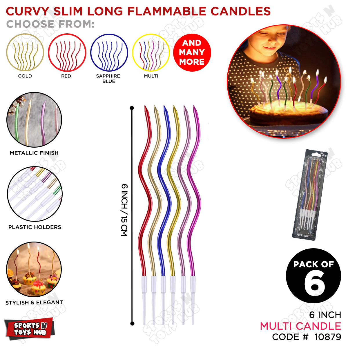 Curvy Slim Long Flammable Candles Collection For Cake Decor Supply For Happy Birthday Party, Wedding, Anniversary Bridal Shower, Baby Shower, Graduation Parties Celebration Farewell Cake Cutting Simple Elegant Metallic Finish Wax Stick Holder Candle