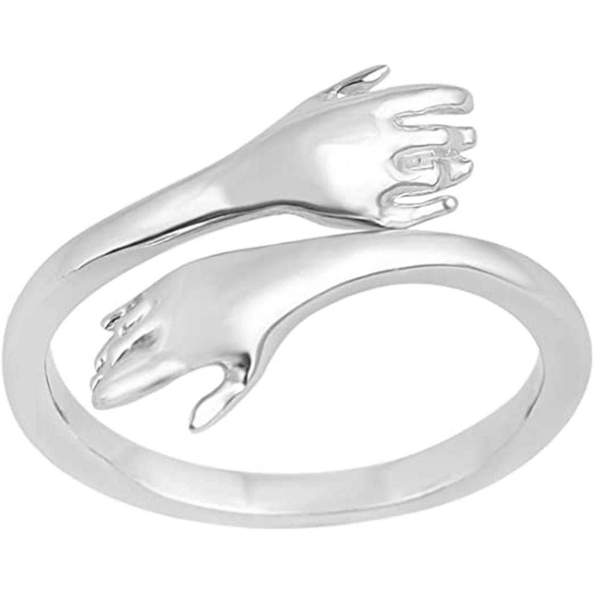 Hug Ring,  Hug Rings for Women Girls ,Silver Hugging Hands Open Promise Ring Jewelry ,Hug Hands Mens Rings Couples Wedding, Amaz Posh