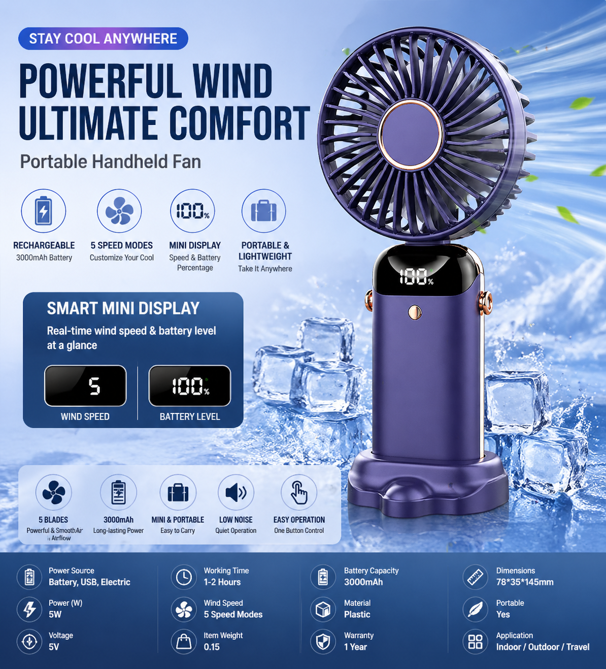 Portable Handheld Mini Fan USB Rechargeable Foldable Neck Hanging Fan Lanyard Phone Stand Digital Display Screen Personal Cooling Electric Fan Travel Office Outdoor Small Desktop Fan Summer Essential Silent High Quality Multi Functional Lightweight Design
