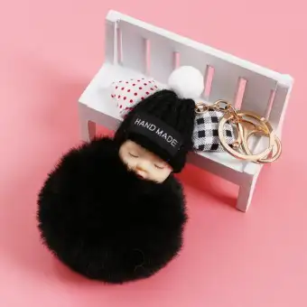 Sleeping Baby Doll Plush Fluffy Keychain For Women Handbag-Black
