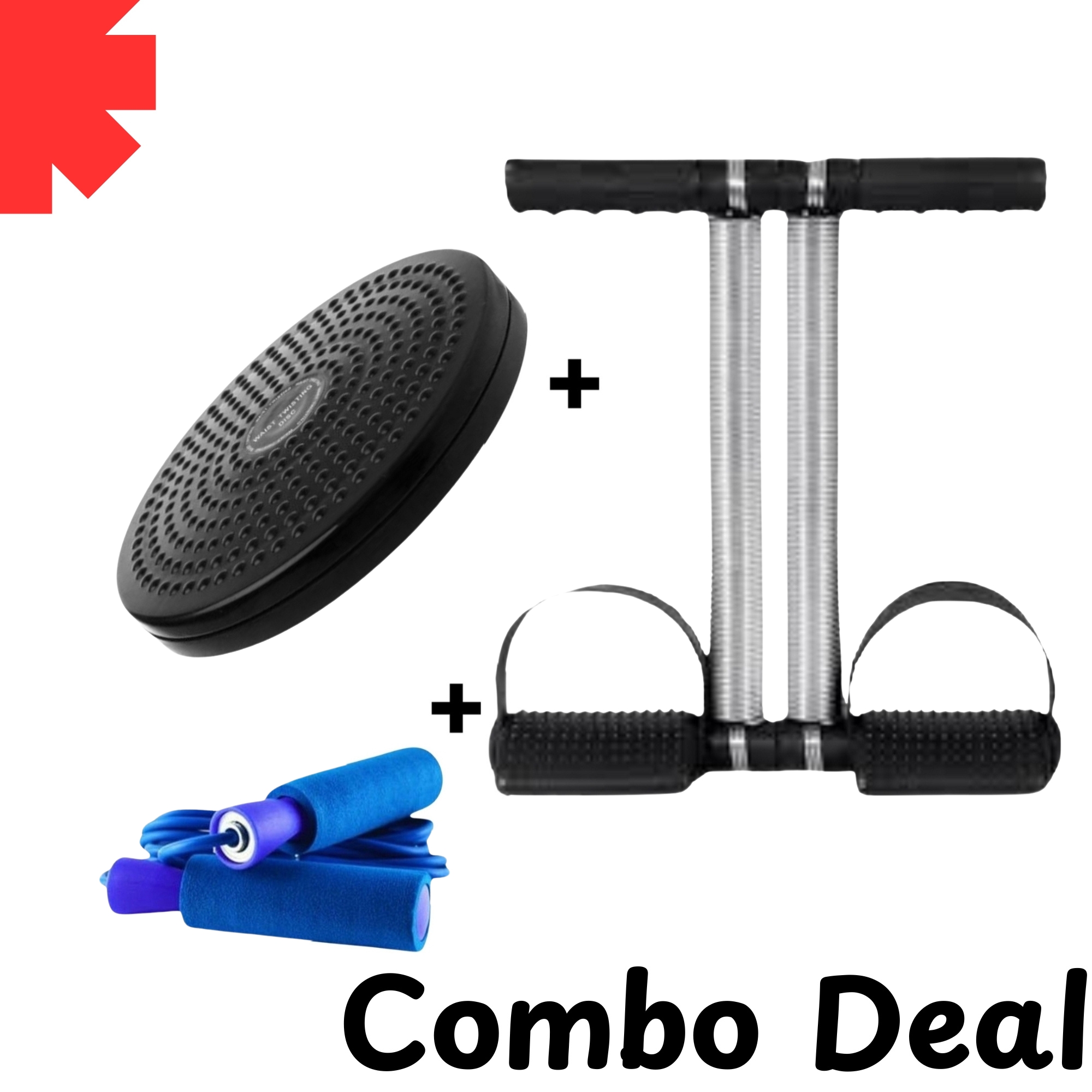 COMBO DEAL OF DOUBLE SPRING TUMMY TRIMMER +TWISTER PLATE + JUMP ROPE FOR WORKOUT