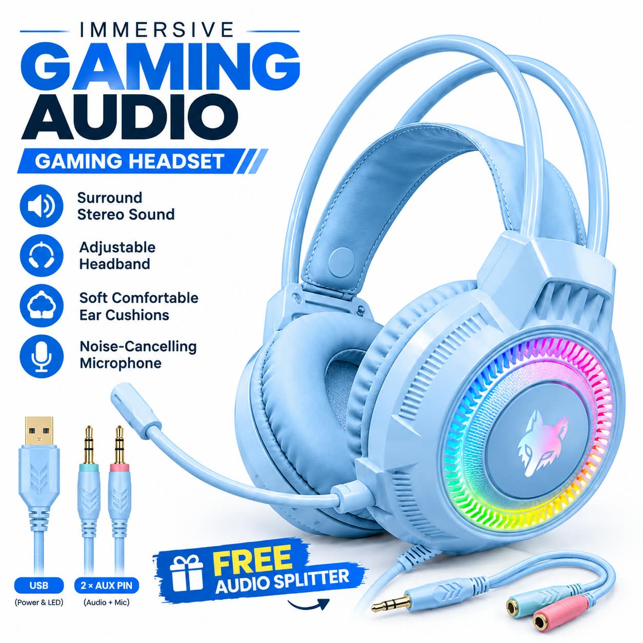 XUHFOX XYH66 RGB Gaming Headset USB + 3.5mm Wired Headphones with Noise Cancelling Mic | Stereo Bass Sound | LED RGB Lights | Over-Ear Gaming Headset for PC, Laptop, PS4, PS5 & Mobile – Blue