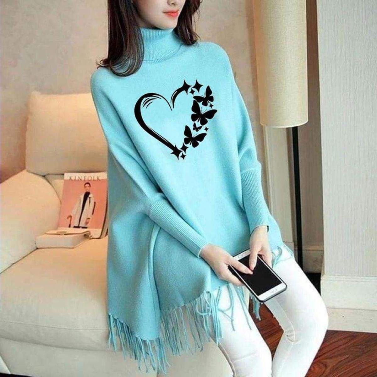 Women's Bat-Wing Style Printed Fleece Poncho