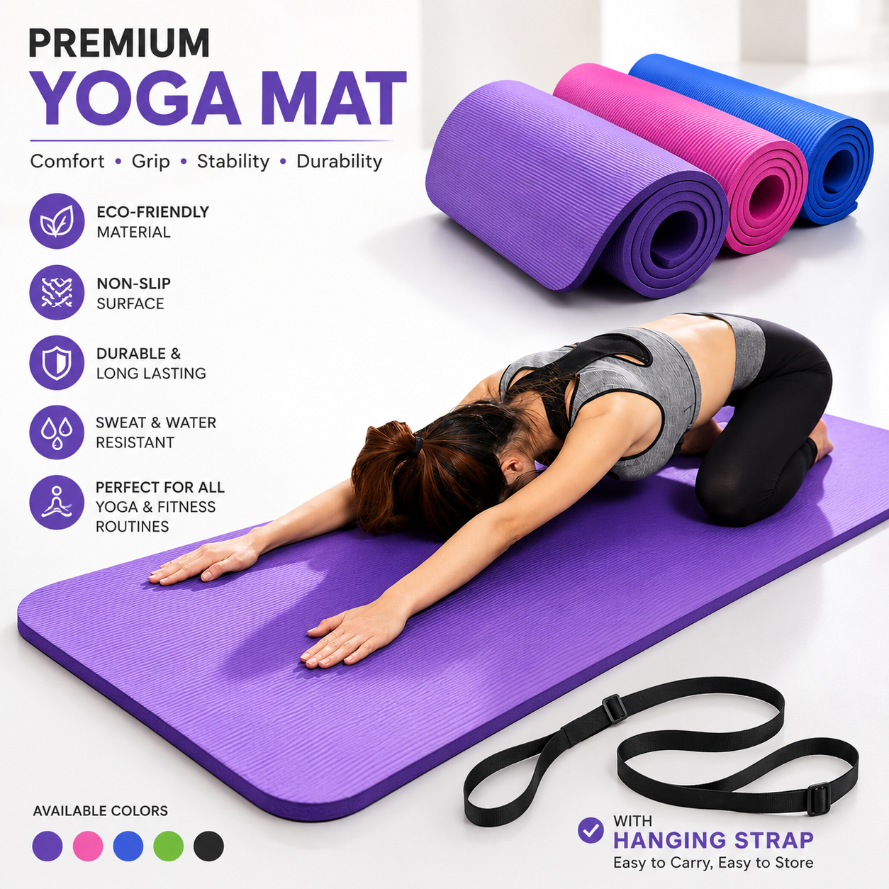 Premium EVA Yoga Mat 6mm Non-Slip Exercise Mat with FREE Shoulder Strap | Gym, Yoga, Pilates & Home Workout Mat