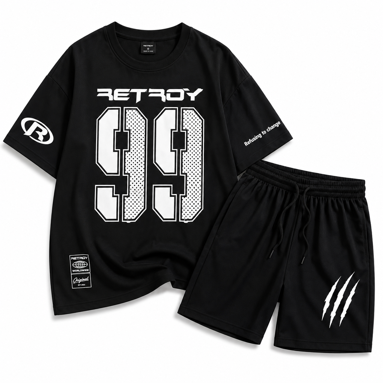 Men's Summer 2 Piece Set | Black Graphic T-Shirt & Black Shorts | Premium Cotton Jersey | Round Neck | Casual Sports Wear | Gym Wear