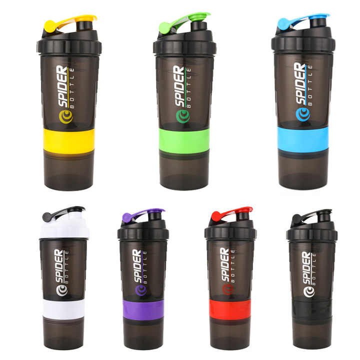 Three layers spider protein mixing sports bottle Spider Protein Shaker Bottle For Gym Plastic Spider Protein Shaker Bottle With 2 Storage Extra Compartment For Gym, For Drinking Water, 500ml