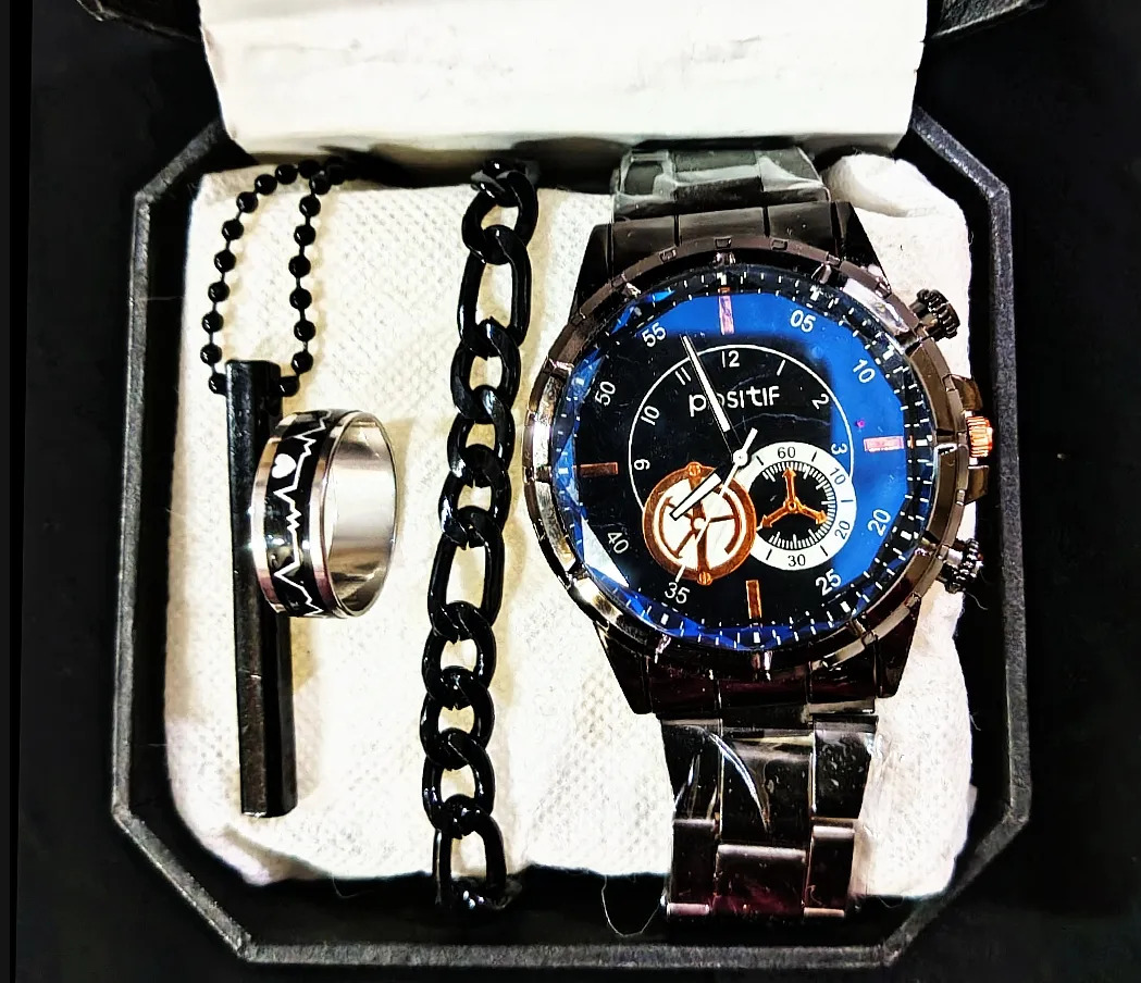 Pack of 4 Watch Set for Men Stainless Steel Quartz Watch with Bracelet Ring and Locket Business and Casual Style Multiple Colors