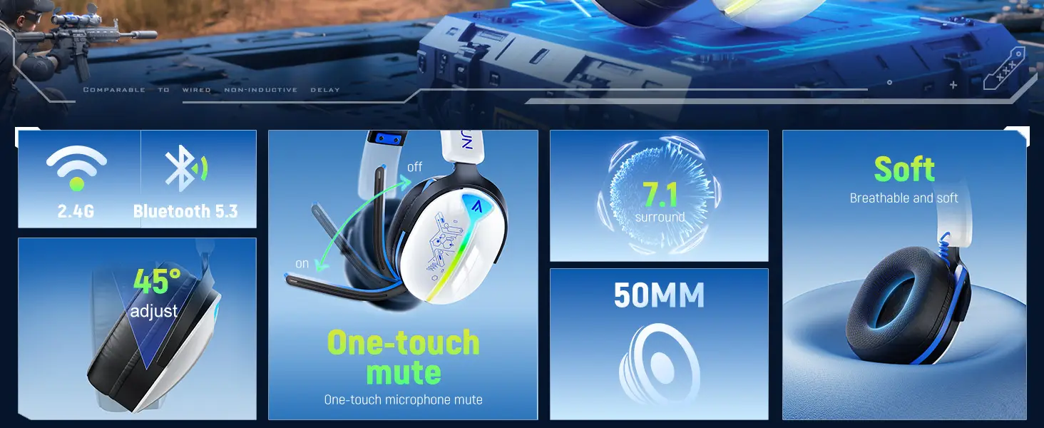Original G6000】 Wireless Bluetooth Noise Cancelling Gaming Headphones - Over the Ear Stereo Gaming Headset Headphone with Microphone - 40 Hours Long Battery - Premium Design - Wired & Wireless HIFI Bass
