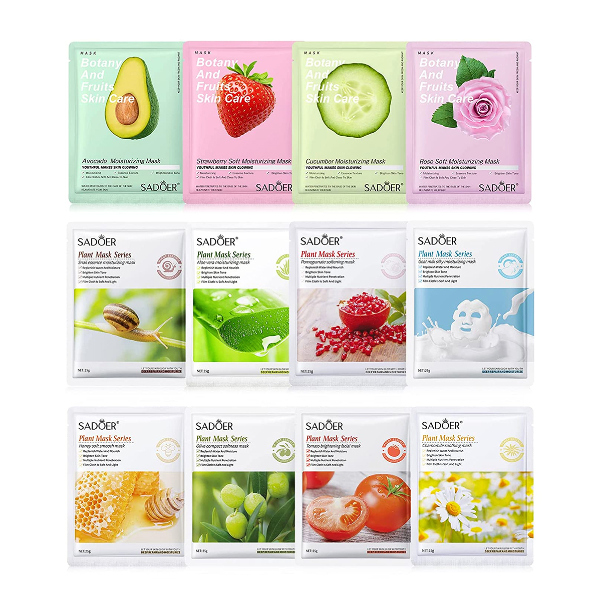 Fruit Plant Extract Moisturizing Brighten Facial Sheet Mask Hydrating, Radiance Boost, Calming, Skin Care Sheet Masks